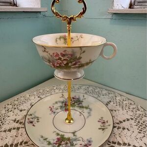 Two-Tier Decorative Theodore Haviland Apple Blossom Pattern Tea Cup Jewelry Tray